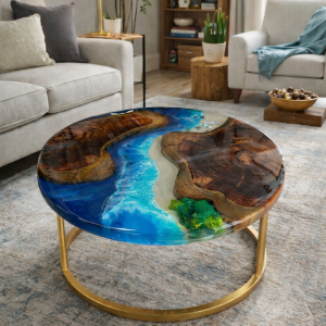 Customised Round Epoxy Resin & Teak Center Table